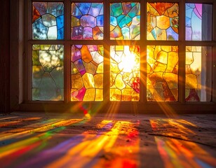 View through a richly colored stained glass window, with bright sunlight pouring through and creating a brilliant lens flare and warm glow