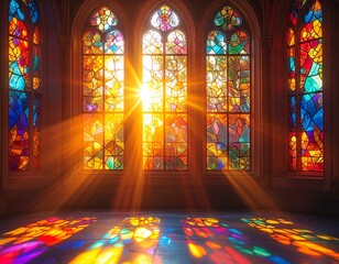View through a richly colored stained glass window, with bright sunlight pouring through and creating a brilliant lens flare and warm glow