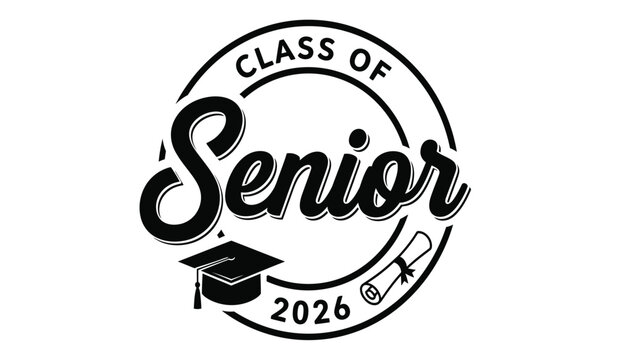 Class of 2026 senior graduation cap and diploma emblem with bold script text celebrating academic achievement and milestone