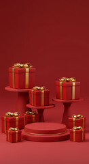 Red gift boxes with gold ribbons on pedestals present podium dis