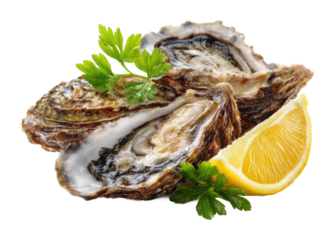 Enjoy fresh oysters with lemon garnish at coastal seafood restaurant isolated on transparent background