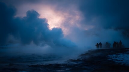 Fototapeta premium Dramatic twilight over a geothermal landscape with steam and silhouetted figures watching