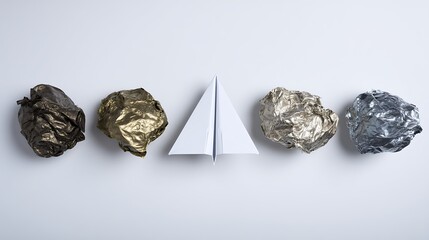 Minimalist White Paper Airplane with Gold and Silver Crumpled Foil Balls on Light Surface