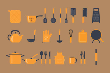 Flat Kitchen Utensils Icons Set for MR Design – Cooking Tools, Cutlery, Apron, Kettle, Vector Art