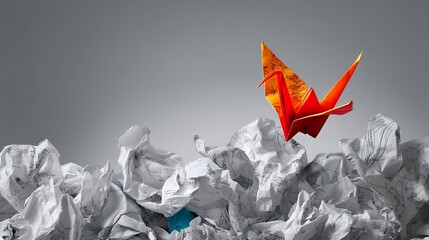 Orange Origami Butterfly Flying Above Crumpled Paper on Gray Background