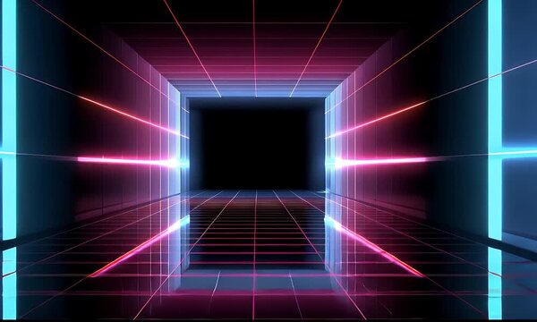 Abstract futuristic neon glowing tunnel with grid floor and ceiling reflecting vibrant pink and blue light in a dark void