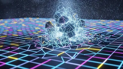 Abstract 3d rendering of a digital landscape with glowing cubes falling - Powered by Adobe