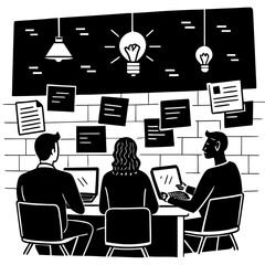 Team brainstorming session with laptops and idea lightbulbs silhouette isolated on white background isolated on transparent background