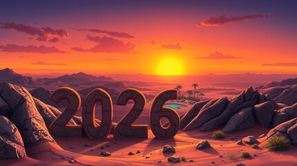 🌅 A beautiful, dramatic sunset over the desert and beach paints the horizon with intense orange, red, and yellow light - New year 2026 business illustration