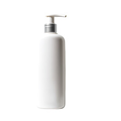 Fototapeta premium A tall, slender, white plastic bottle with a silver pump dispenser, isolated on a black background