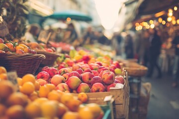 Fresh Apples and Fruit at Outdoor Market Stall with Vibrant Colors and Warm Lighting