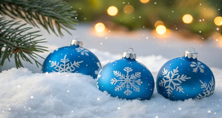 Fototapeta premium Christmas tree bauble decorations in snow with fir tree and bokeh effect. Festive Christmas decoration background with pine tree branches, bokeh lights and blue ball.