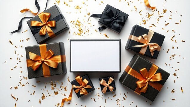 Elegant gift boxes with gold ribbons, festive confetti
