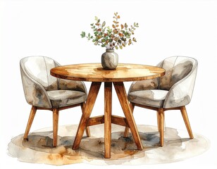 Watercolor illustration set of a round oak wood dining table and two cozy upholstered chairs, isolated on a white background