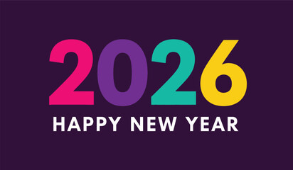 Graphic design of the year 2026 with the words happy new year in bright, bold, multicolored numbers and text on a dark purple background, celebrating the upcoming new year.