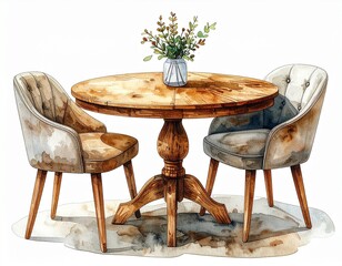 Watercolor illustration set of a round oak wood dining table and two cozy upholstered chairs, isolated on a white background