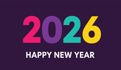 Bold, colorful numbers 2026 announce happy new year celebration on dark purple background, perfect for festive graphic design and seasonal marketing campaigns.