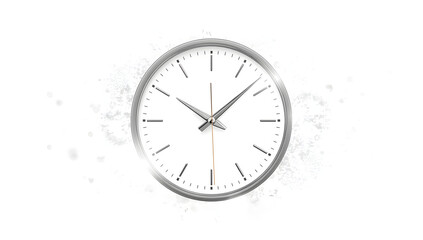modern round wall clock with silver frame isolated on white background, minimal contemporary design showing sharp hour and minute hands for time concept illustration