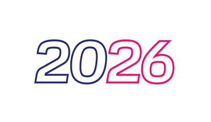 Year 2026 number typograhpy with blue and pink outline on white background illustration, text graphic element for new year celebration