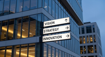 Obraz premium Business concept Vision, strategy, and innovation signposts against a modern office building