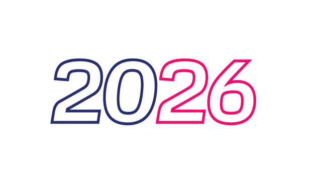 Year 2026 number typograhpy with blue and pink outline on white background illustration, text graphic element for new year celebration