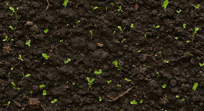 Dark damp soil with small green sprouts emerging Clods of earth and twigs are scattered throughout