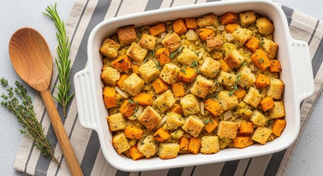 Overhead view of a white baking dish filled with a savory bread and butternut squash stuffing, garnished with fresh herbs and a wooden spoon on the side