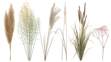 Fototapeta premium Set of decorative dried plants including pampas grass and reeds isolated on white background perfect for interior design mockups
