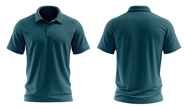 Teal short-sleeved polo shirt shown from front and back, simple design, solid color