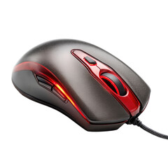 Sleek, ergonomic gaming mouse with dark grey body, red accents, and illuminated side buttons