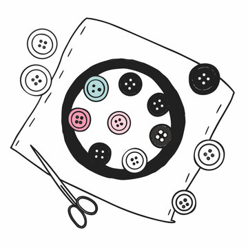 Collection of Varied Buttons and Scissors on Fabric