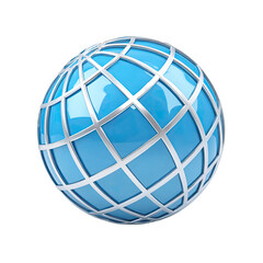 A glossy, light-blue sphere encased in a silver, latticed grid, suggesting global connection