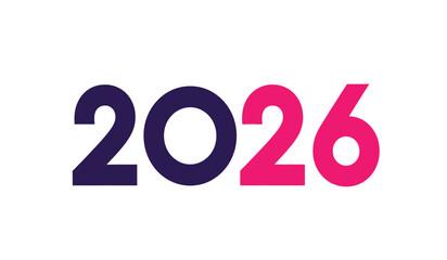 Bold geometric typography displays the year 2026 in contrasting dark purple and vibrant pink against a clean white background, representing future progress and planning.