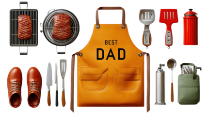 Father's Day Feast: An array of grilling essentials, including a Best Dad apron, various utensils, and fresh ingredients, prepares for a celebratory feast. 