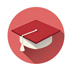 A red graduation cap icon, isometric style, on a pinkish-red circular background with a long shadow