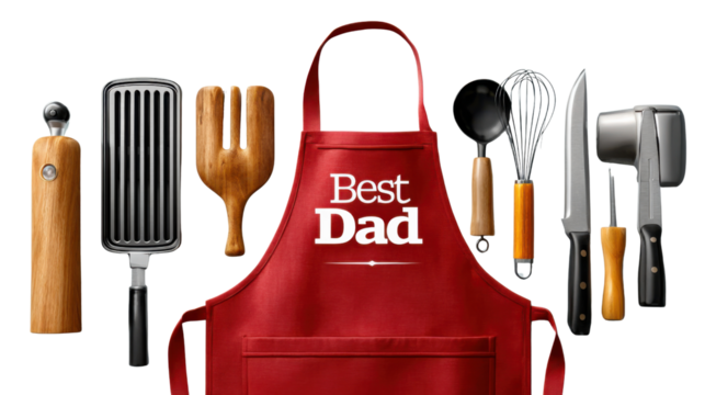 Culinary Tools and Apron: A composition of essential cooking tools, displayed alongside a red apron. conveying culinary prowess. and featuring culinary essentials and ready for gourmet endeavors.