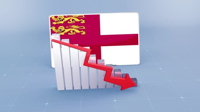 Sark Flag and Bar Chart Graph Showing Decreasing Values a Red Arrow Economic Crisis Concept