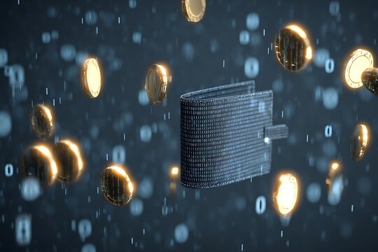 Discover digital currency solutions with this modern wallet surrounded by golden coins, perfect for fintech innovation and financial technology concepts