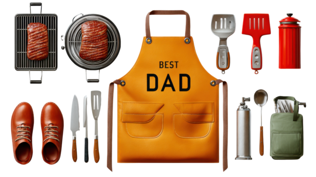 Father's Day Feast: An array of grilling essentials, including a Best Dad apron, various utensils, and fresh ingredients, prepares for a celebratory feast.  - Powered by Adobe