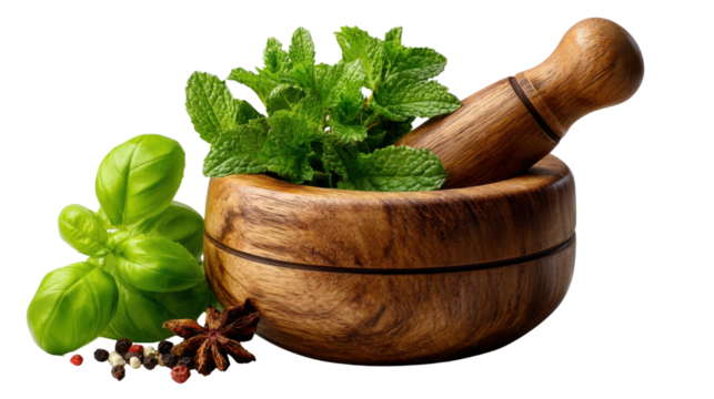 Herbal Infusion: A rustic wooden mortar and pestle cradle a vibrant bouquet of fresh herbs, promising a symphony of flavors.