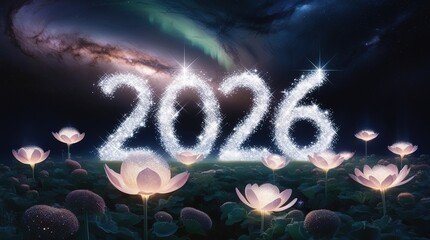 Happy New Year celebration card with abstract blue fractal background, fireworks light, and star design on a night sky for your text space