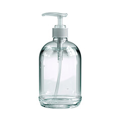 Clear, transparent bottle with a pump dispenser, partially filled with a viscous, gel-like liquid