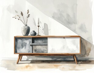 Single piece of modern Scandinavian furniture: a white sideboard with wooden legs, painted in soft watercolor with natural light