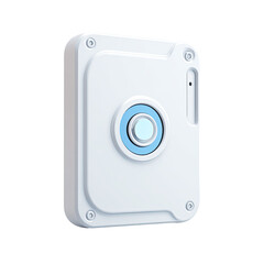 A white, square device with rounded corners, featuring a central blue circular element and small screws
