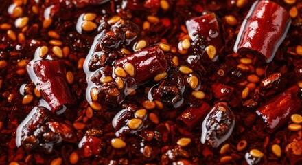 Closeup of spicy chili oil with sesame seeds and dried chili peppers, a flavorful condiment for asian cuisine
