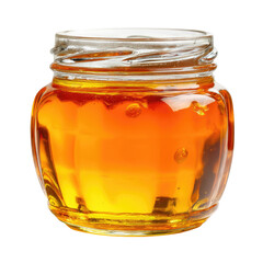 Amber liquid fills a small, clear glass jar with a slightly rounded body and a simple screw-top lid