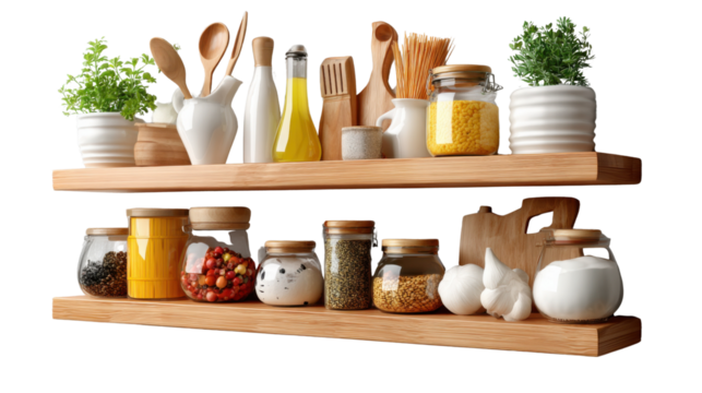 Culinary Corner: A visual feast, showcasing a beautifully organized kitchen shelves, abundant with fresh herbs, wooden utensils, and an array of culinary ingredients. 