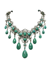 An ornate necklace featuring a central cluster of turquoise cabochons, surrounded by smaller stones and silver, with pear-shaped turquoise drops cascading downwards