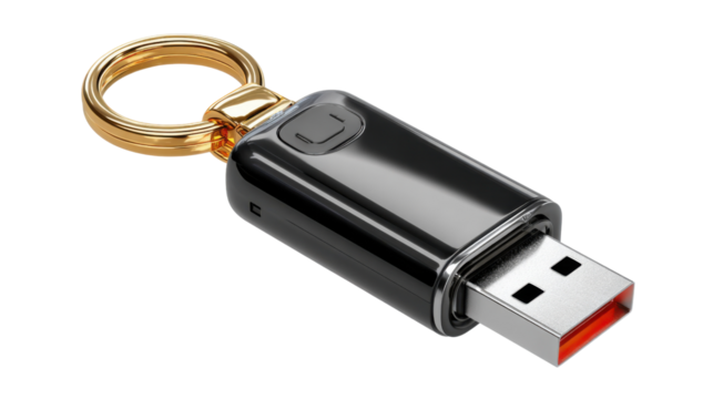 Key USB Flash Drive: A sleek, modern USB flash drive featuring a gold keyring, showcases seamless data storage and portability in a stylish form factor. 