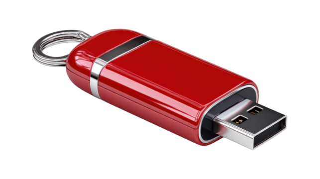 Red USB Flash Drive on Display: A sleek and vibrant red USB flash drive, designed for secure data storage. Perfect for tech-related projects and digital concepts.